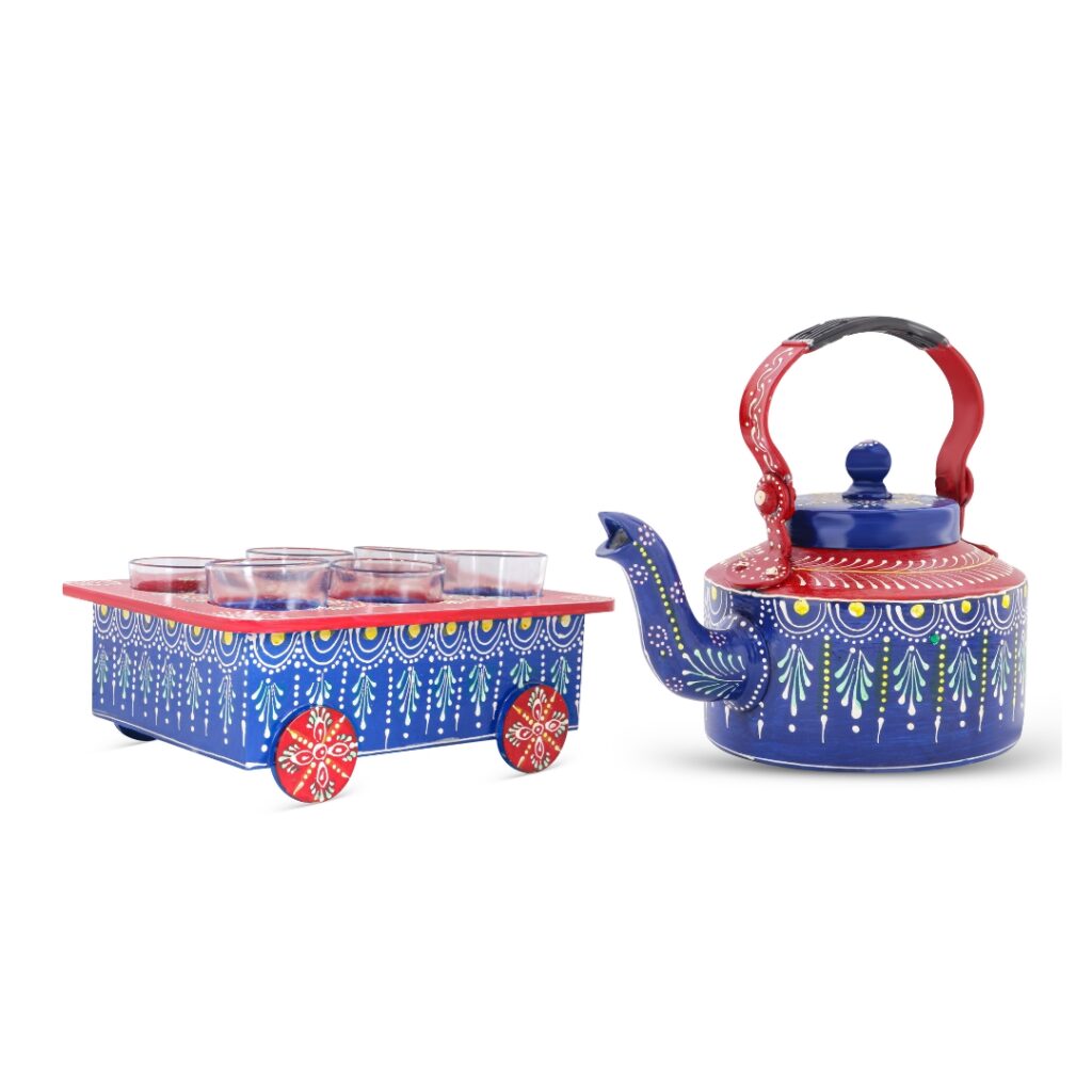 Tea kettle set with glasses blue